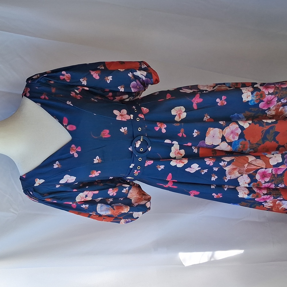 DALIA MACPHEE Navy Puff Sleeve Cascading Floral Maxi Dress With Belt S